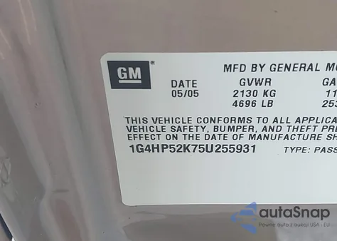 2005 Buick Lesabre Custom из США, поврежденный, VIN 1G4HP52K75U255931